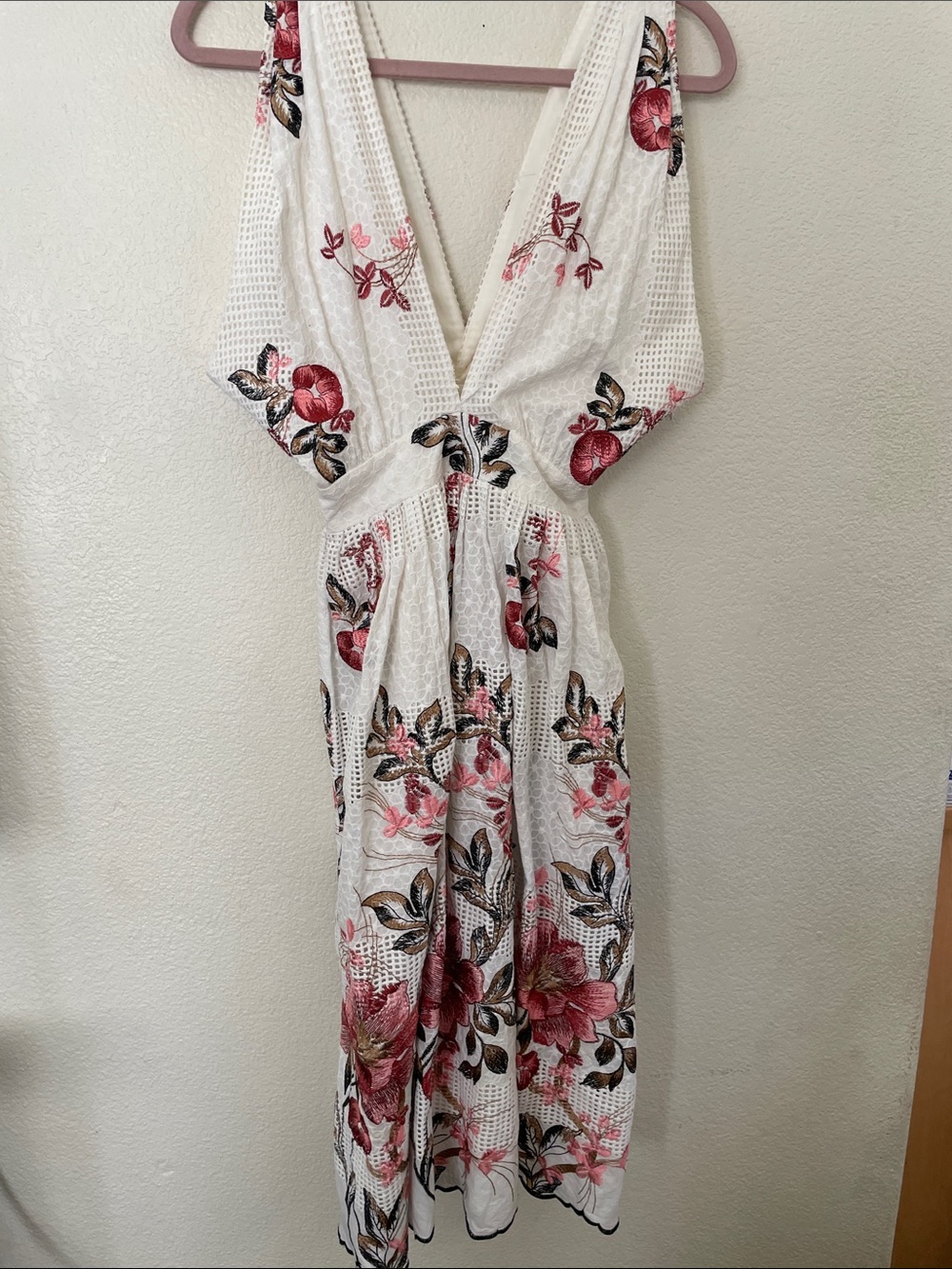 ANTONIO MELANI White Maxi Dress plunging neckline Pink Floral Embroidery sexy 0